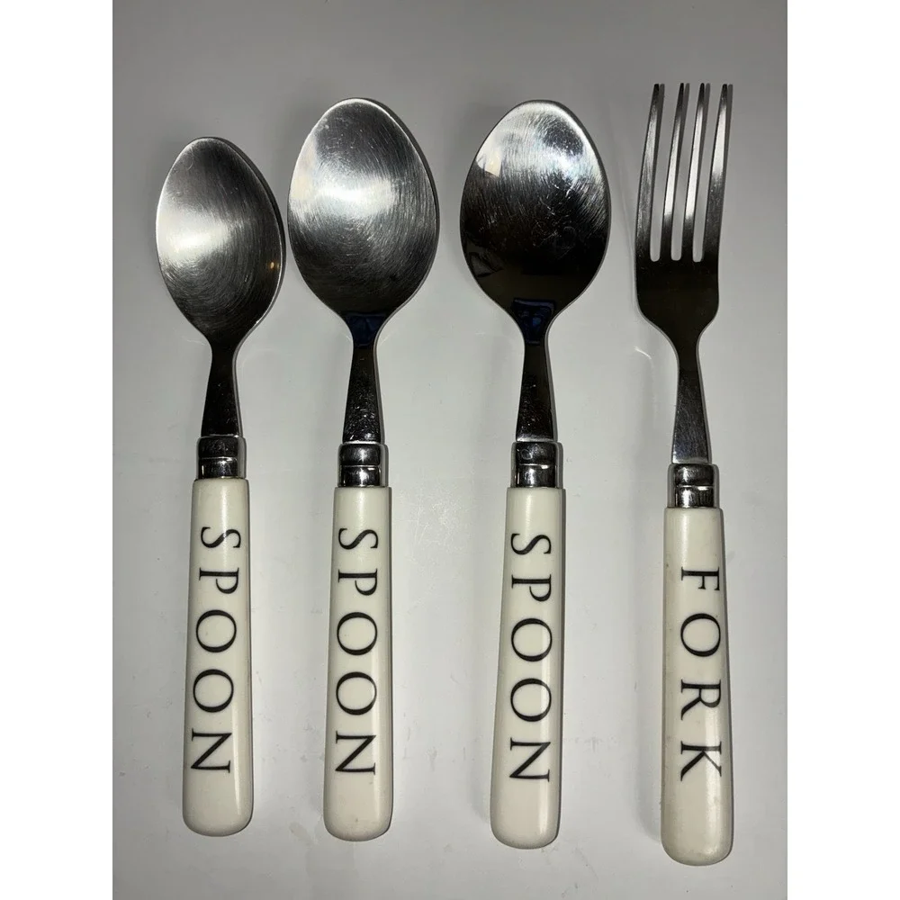 Vintage Flatware 4 Pieces White Plastic Handle Spoon Fork Print‎